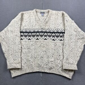 VTG Eastern Mountain Sports EMS Sweater Mens Large Wool Cable Knit V Neck Chunky